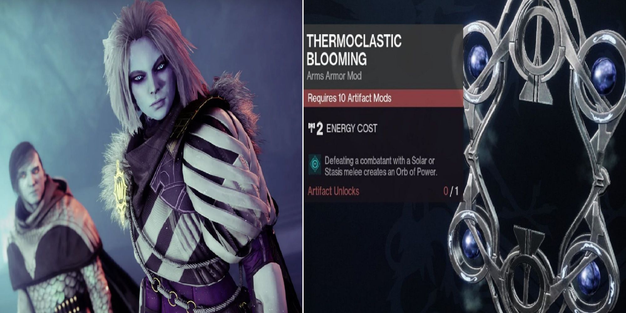 Destiny 2 Season 15 split image two characters from Season 15 and an Artifact Mod seen in inventory screen
