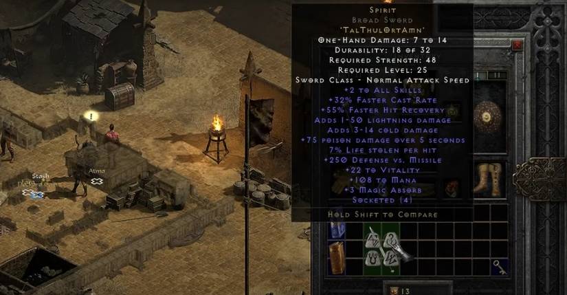 Diablo 2 Resurrected Looking At The Spirit Runeword In The Player Inventory