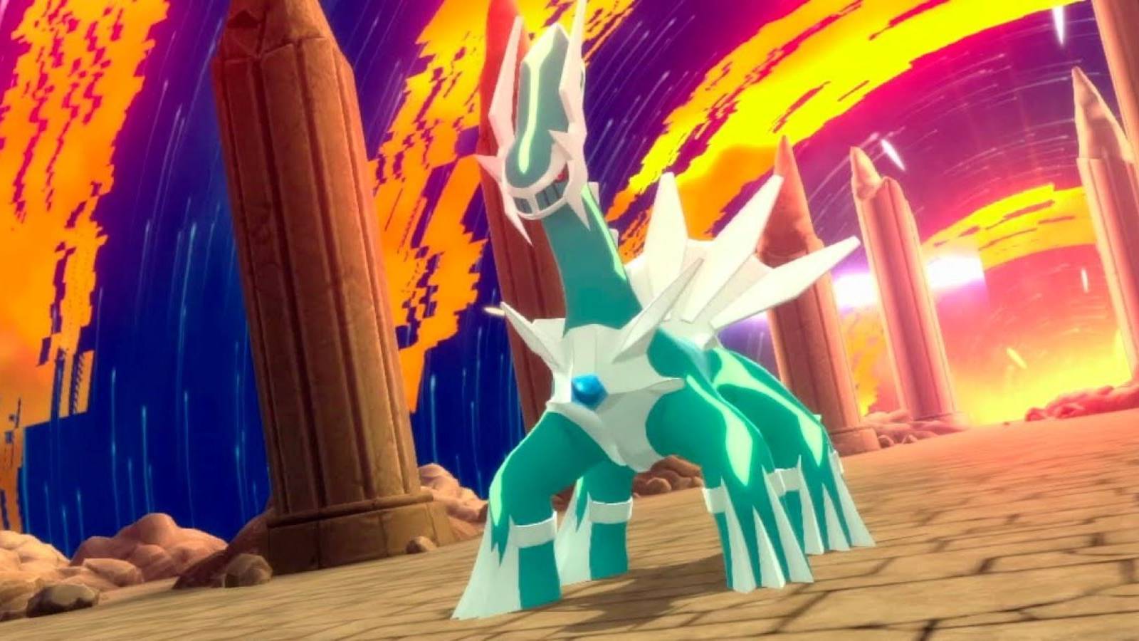 A Shiny Dialga in its Spear Pillar encounter during Pokemon Brilliant Diamond