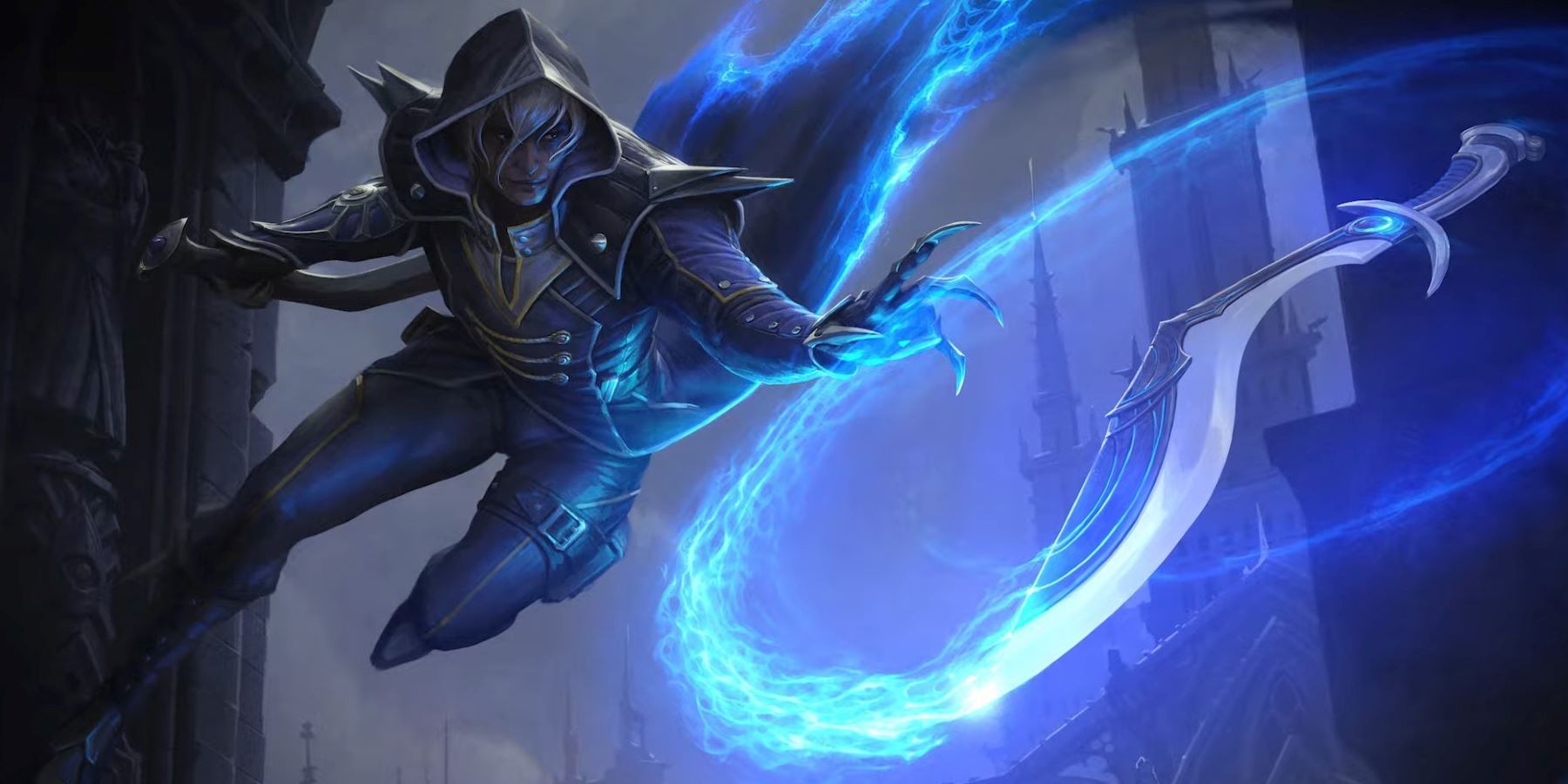 Art for the Dimir Assassin class from Magic: Legends leaping off a wall and tossing a magical knife