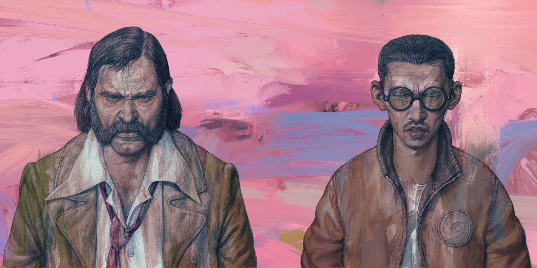 The Disco Elysium protagonist and Kim Kitsuragi frowning and standing against a painted background