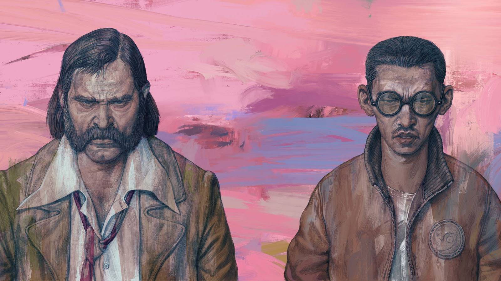 The Disco Elysium protagonist and Kim Kitsuragi frowning and standing against a painted background