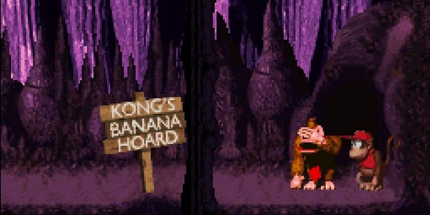 Донки Конг разочарован табличкой Банановой орды в пустой пещере