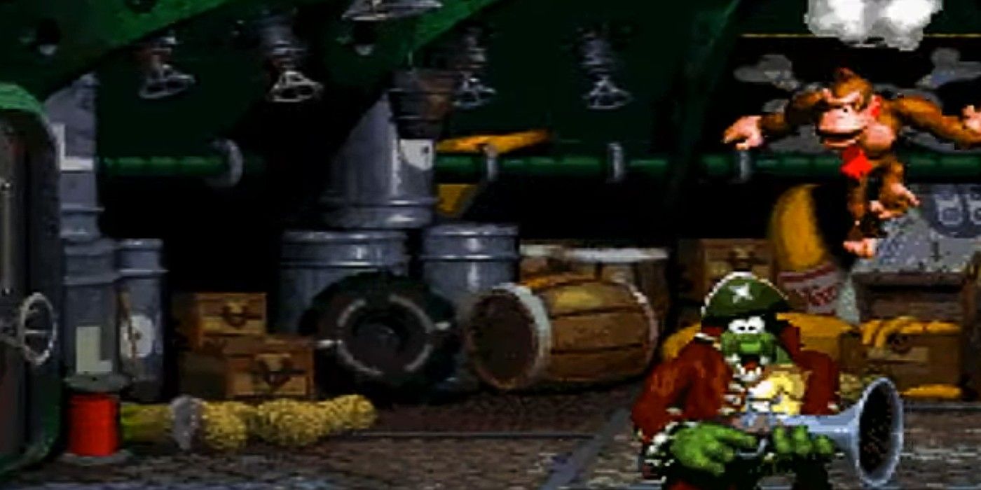 Donkey Kong Country 2 K Rool boss Kong falling on surprised K Rool from ceiling