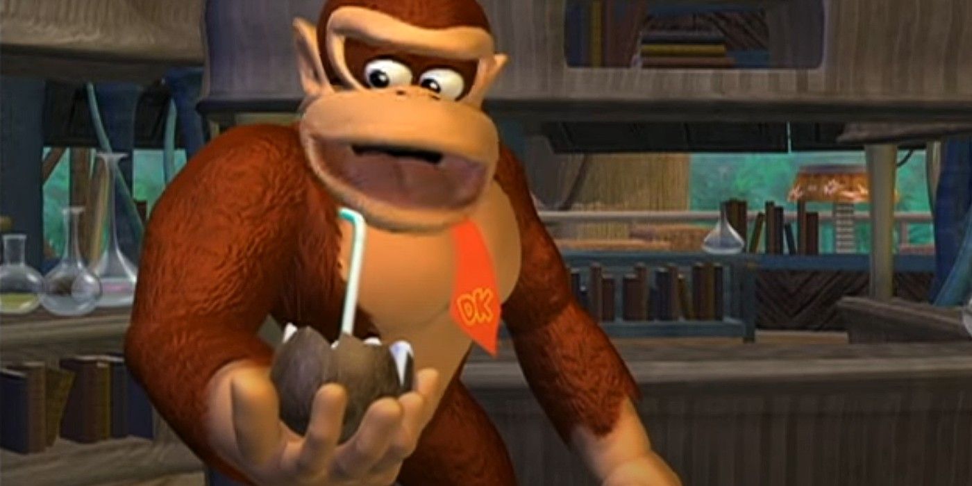 Donkey Kong Country cartoon Kong with a coconut drink