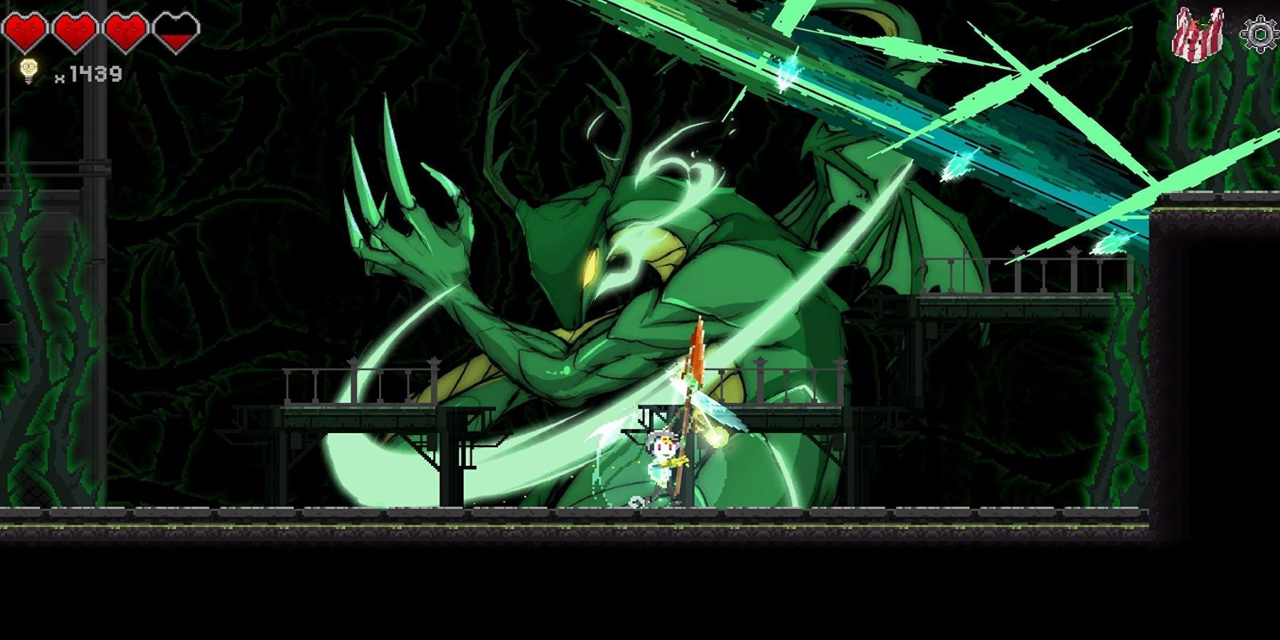 The protagonist of Dungeon Munchies fighting a large green dragon-like monster