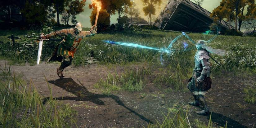 An Elden Ring screenshot showing a Bloody Wolf character casting a spell at an approaching enemy