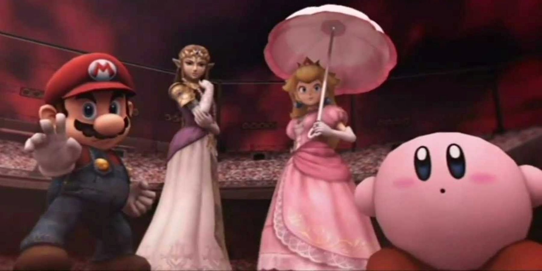 Mario, Zelda, Peach, and Kirby standing together at the beginning of Super Smash Bros. Brawl's Subspace Emissary
