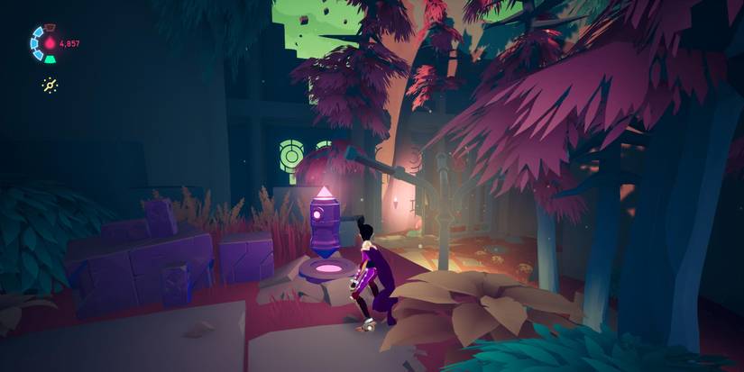 rei in a purple outfit and cape stands on a short cliff with vegetation all around and looks at a mechanical object shaped like a crystal