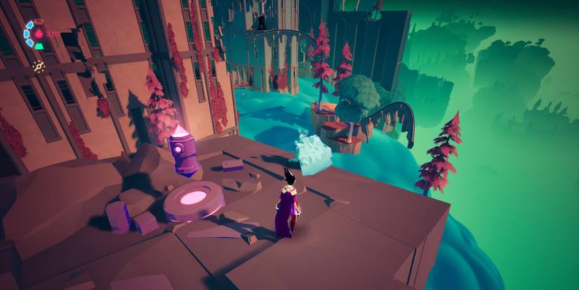 an armored figure looking a blue hologram of another armored figure on top of a dilapidated building with a floating mechanical prism nearby