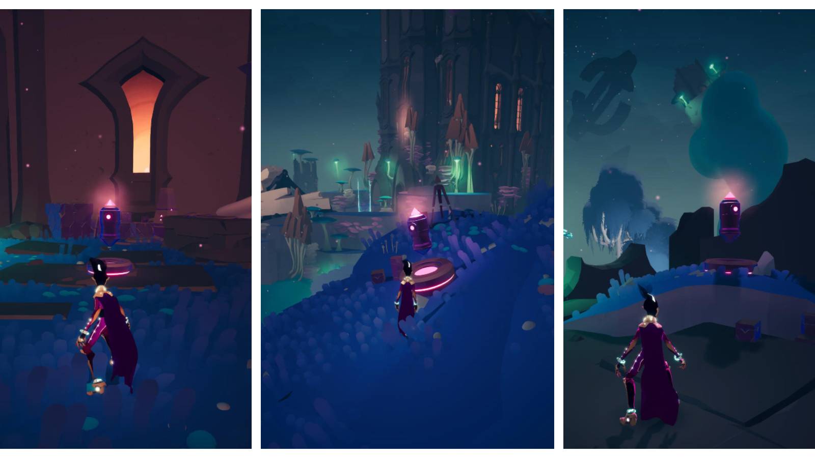 rei standing in front of a cache in front of a window; rei standing in front of a cache on a platform overlooking a cathedral; rei facing a cache with hazy structures floating in the distance