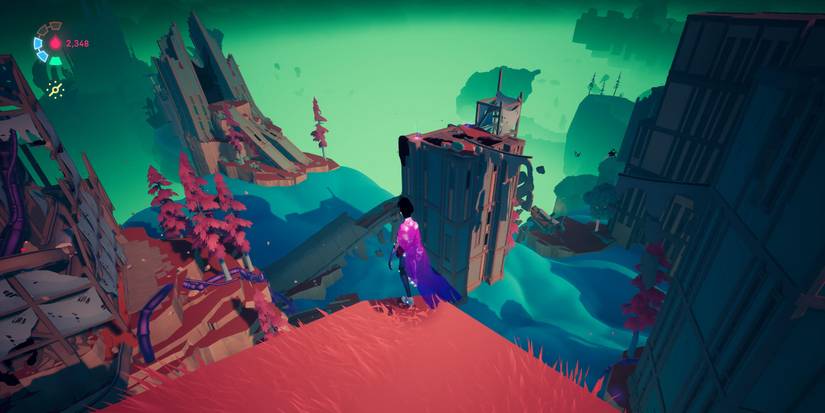 a figure in a purple cape staring out over a foggy, dilapidated city 