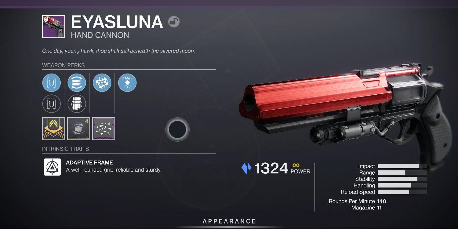 gun menu screen with information and modification boxes on the left and the red hand cannon on the right
