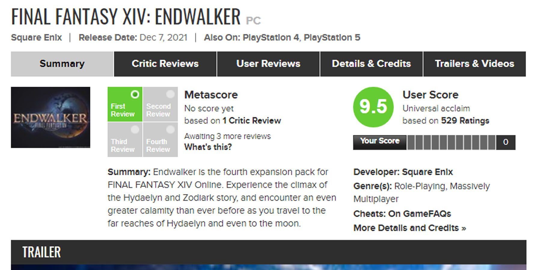 FF14 Endwalker Meta Critic User Score