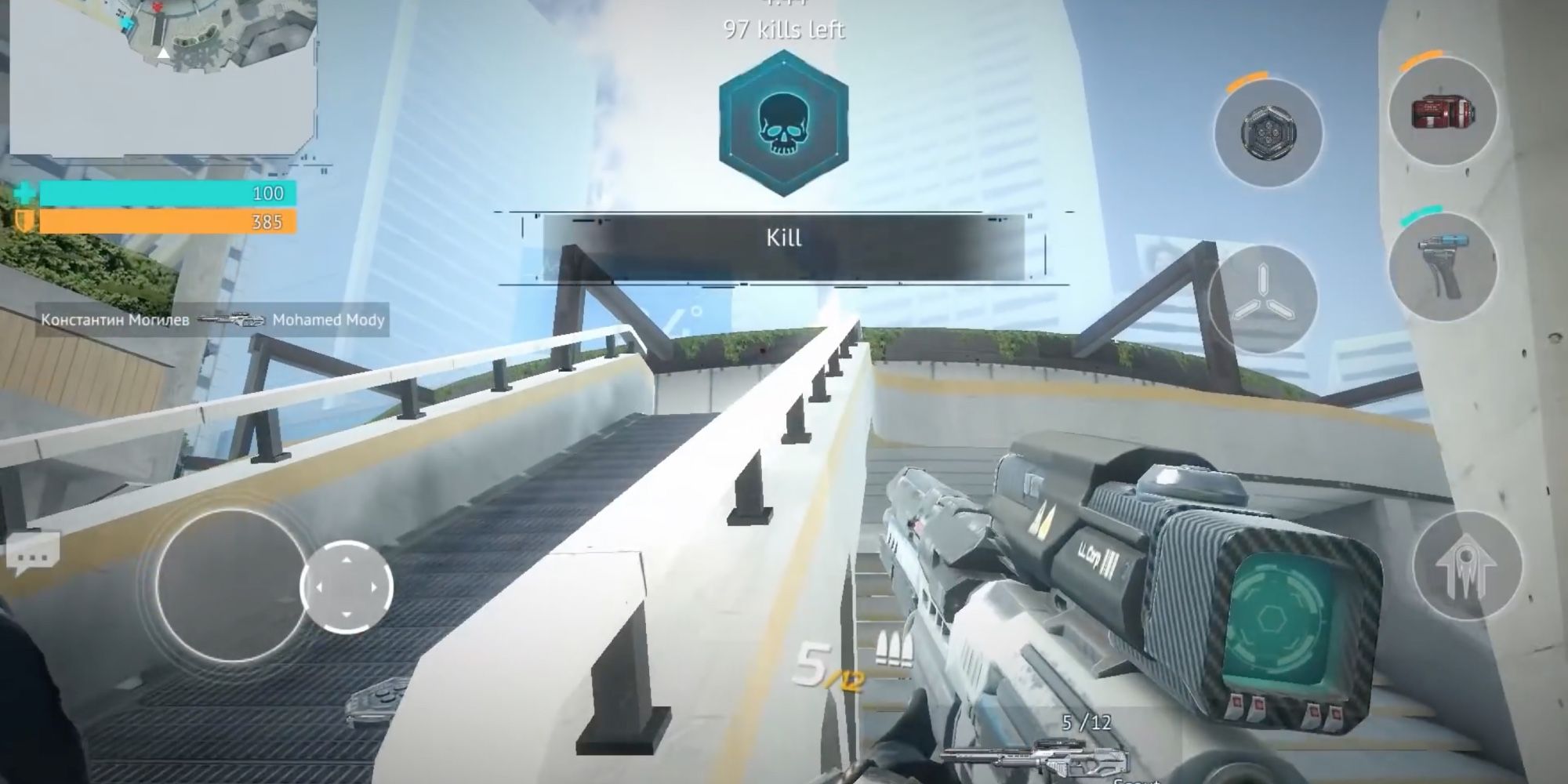 FPS Games on Mobile - Infinity Ops - Player shoots enemy on top of escalator