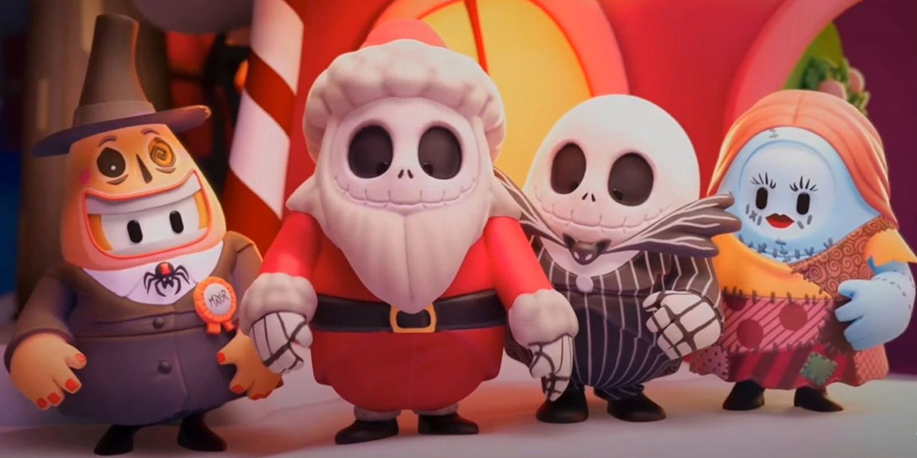Fall Guys: Ultimate Knockout characters in costumes based on Jack Skellington, Sally, and the Mayor of Halloween Town from The Nightmare Before Christmas