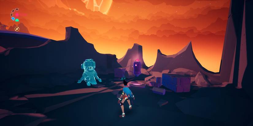 rei on a rooftop with a grey and pink cache and a blue holographic figure