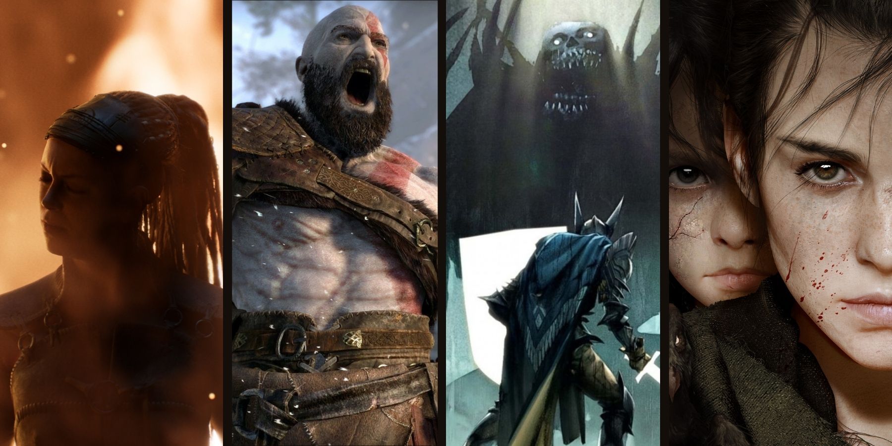 Upcoming Video Game Collage (Senua's Saga, God of War Ragnarok, Dragon Age 4, A Plague Tale Requiem)