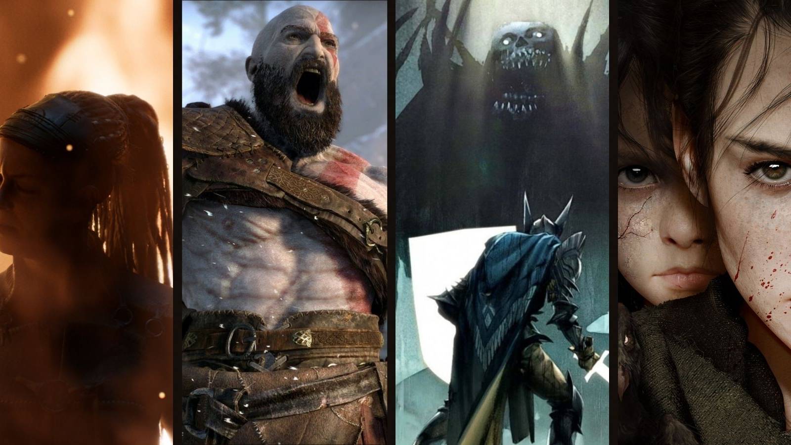 Upcoming Video Game Collage (Senua's Saga, God of War Ragnarok, Dragon Age 4, A Plague Tale Requiem)