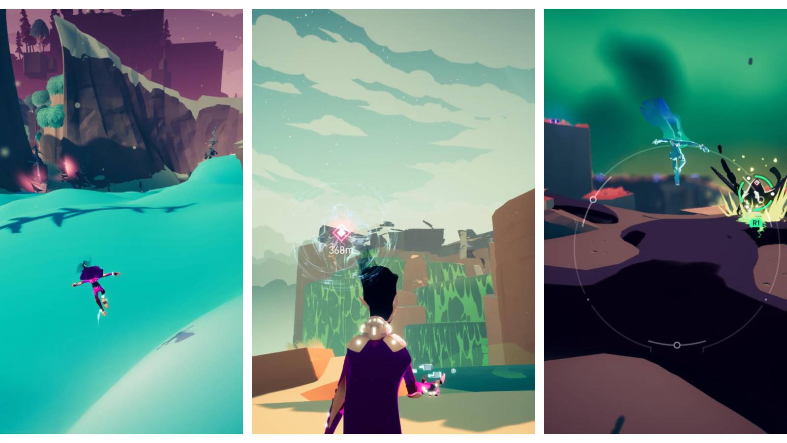 three images: a small figure skating over blue clouds; a black caped figure looking at small device in their hand in front of green waterfalls; a blue, glowing figure jumps toward black enemy that is attacking with yellow spikes