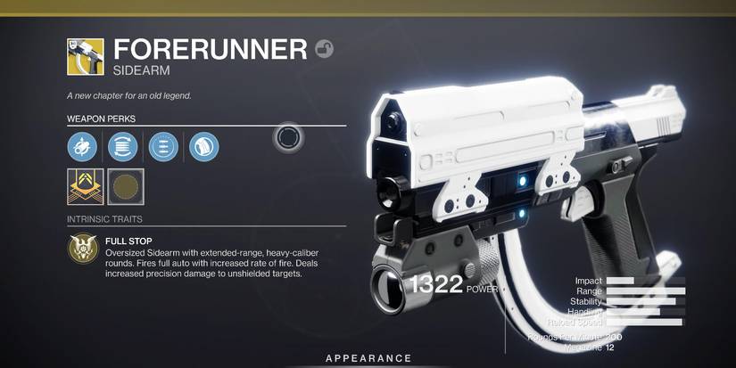 a weapon screen with boxes of information around a futuristic white gun with a curved guard connecting the bottom of the barrel with the bottom of the handle 