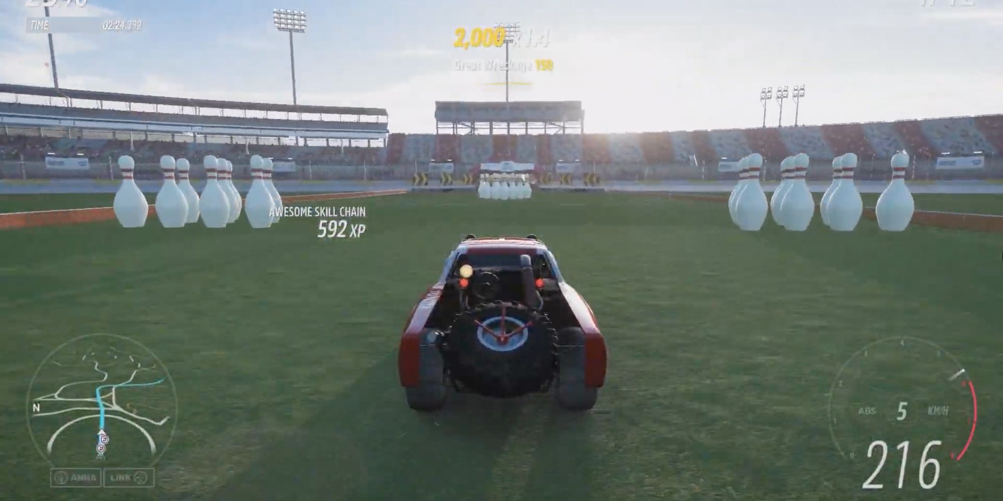 Forza Horizon 5 - Feature - Player drives on a field with bowling pins