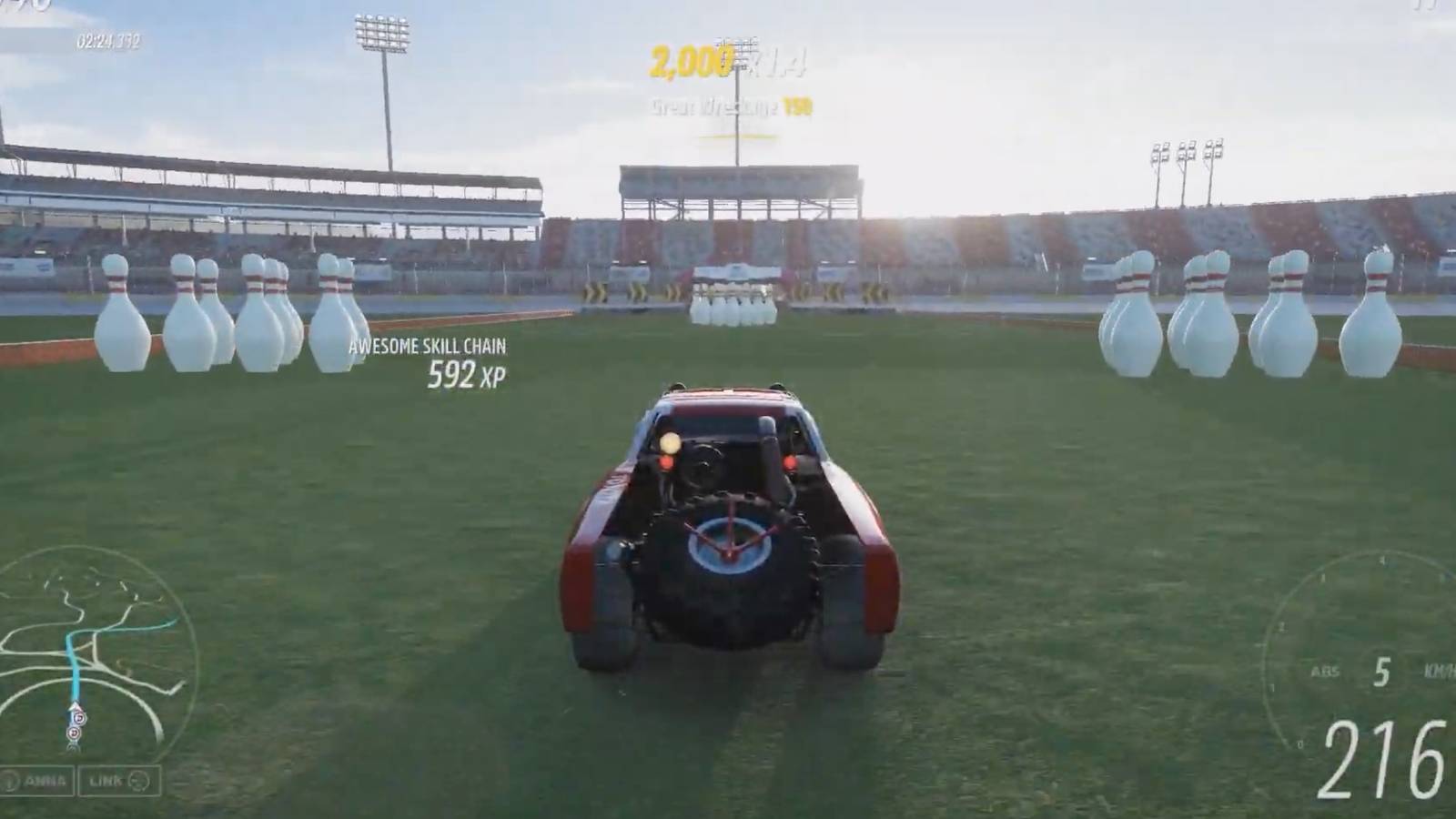 Forza Horizon 5 - Feature - Player drives on a field with bowling pins