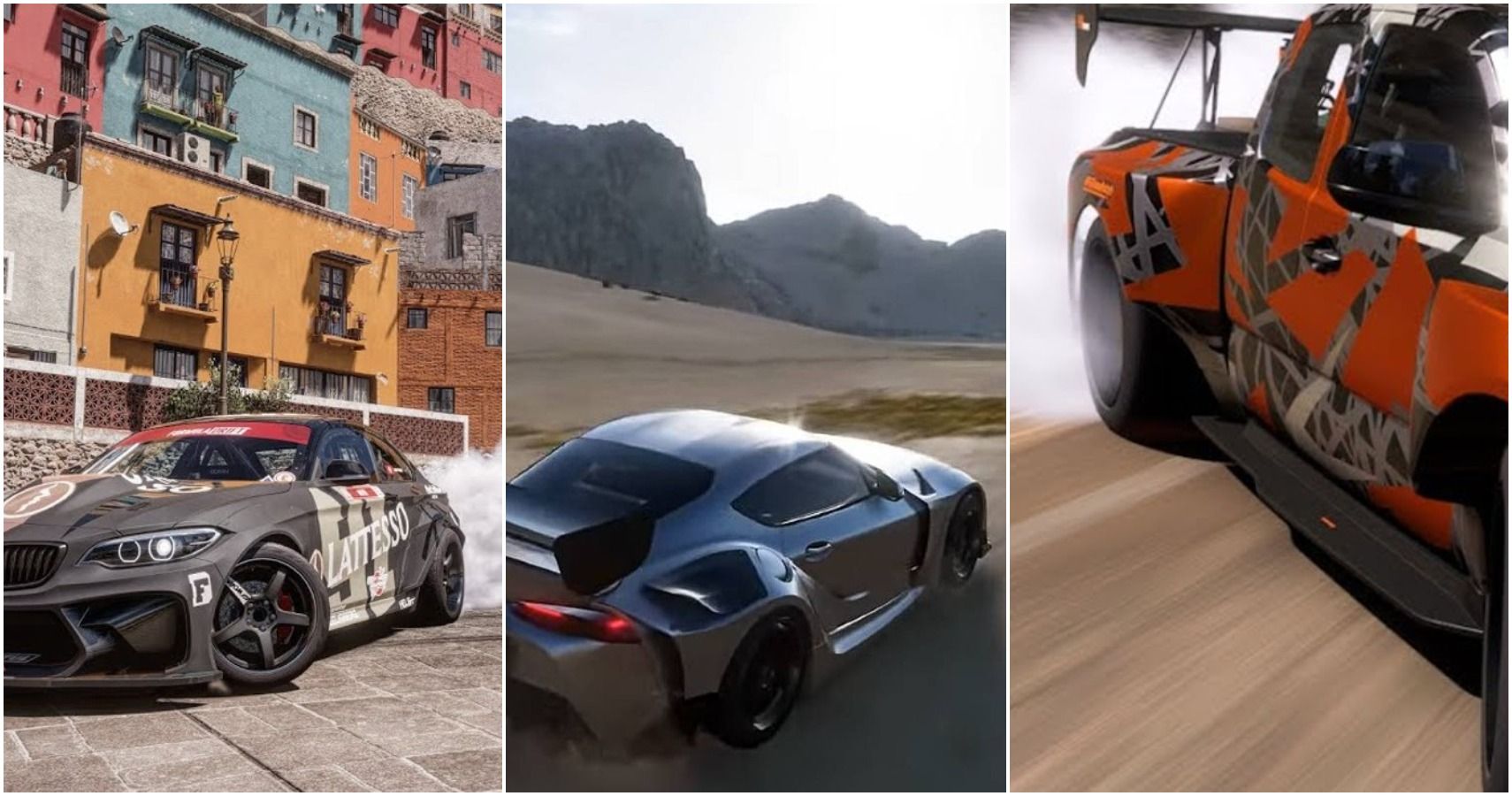 Split image of Deberti Toyota Tacoma, Toyota Supra MKIV, and BMW M2 speeding and turning in Forza Horizon 5