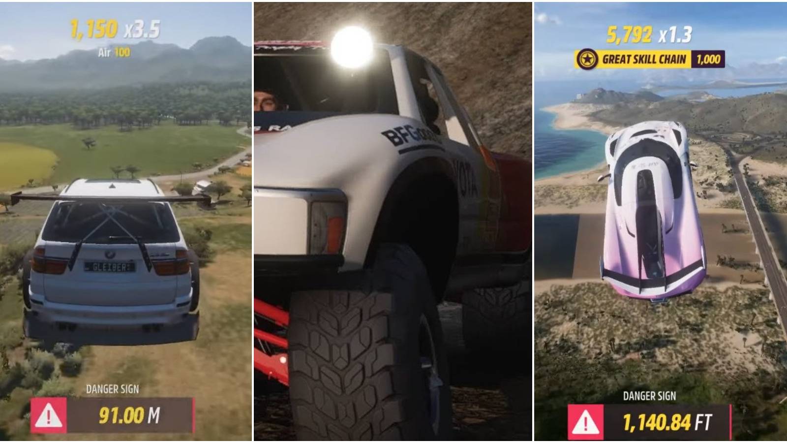 Split image of MBW X5 in the air, Baja truck in Forza Horizon 5
