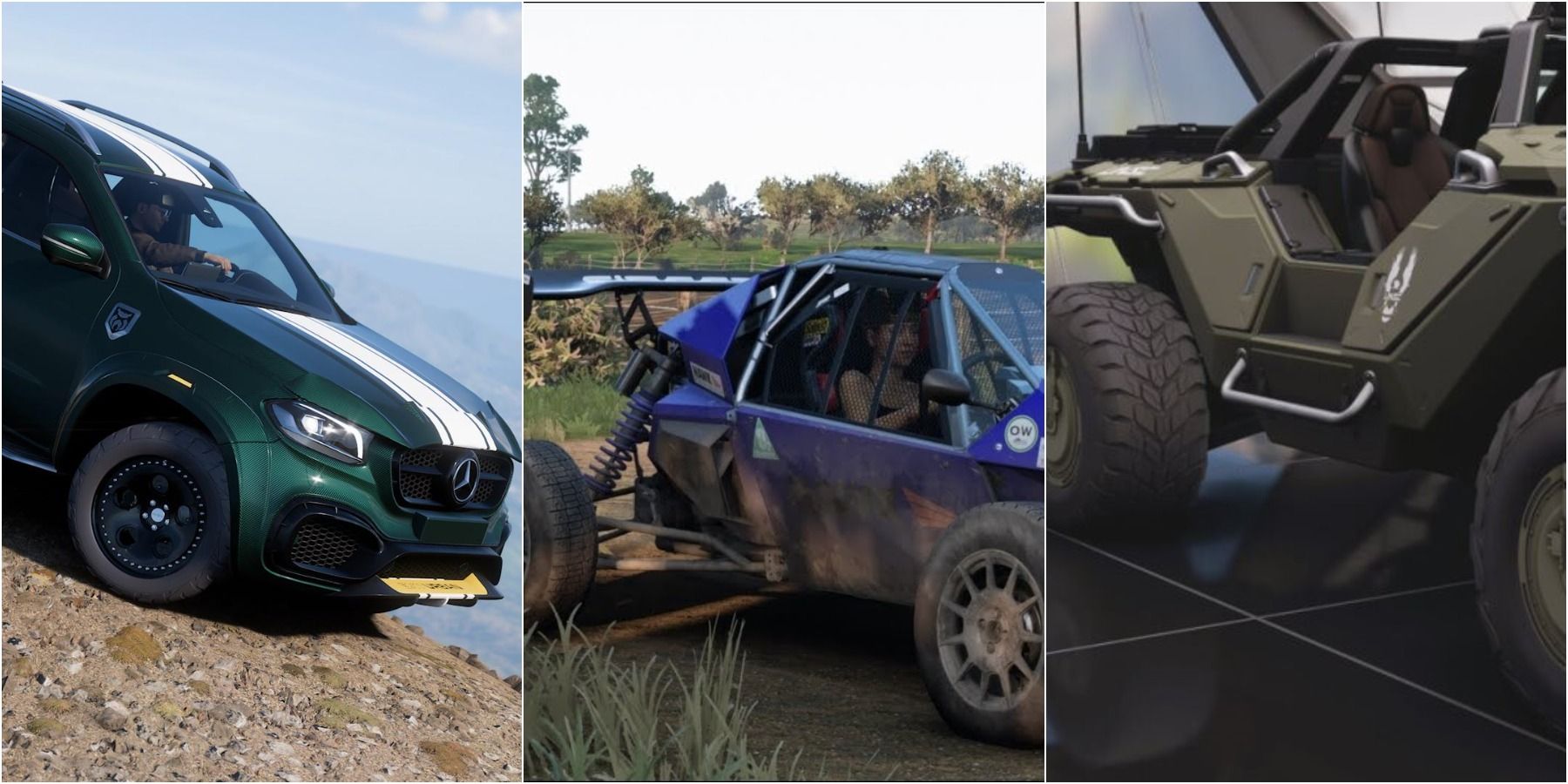 Forza Horizon 5 split image of BMW, Sierra, and Warthog