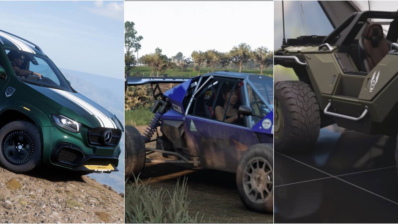 Forza Horizon 5 split image of BMW, Sierra, and Warthog