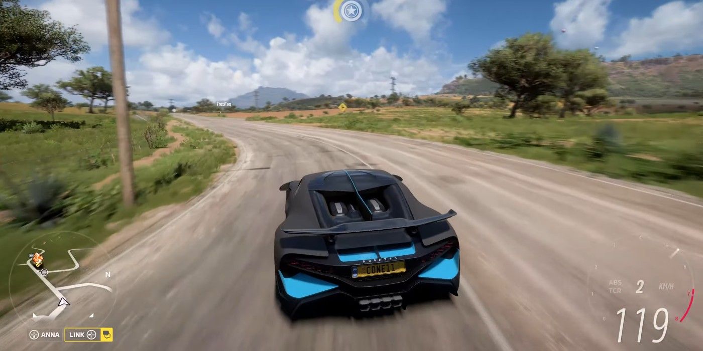 Forza Horizon 5 Bugatti Divo turning on pairie street