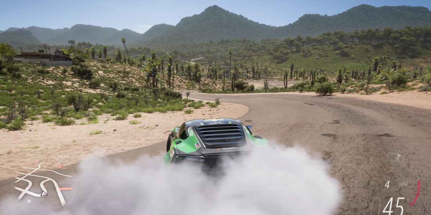 Forza Horizon 5 Formula Drift #357 Chevrolet Corvette Z06 derrapa en una curva cerrada en una carretera del desierto