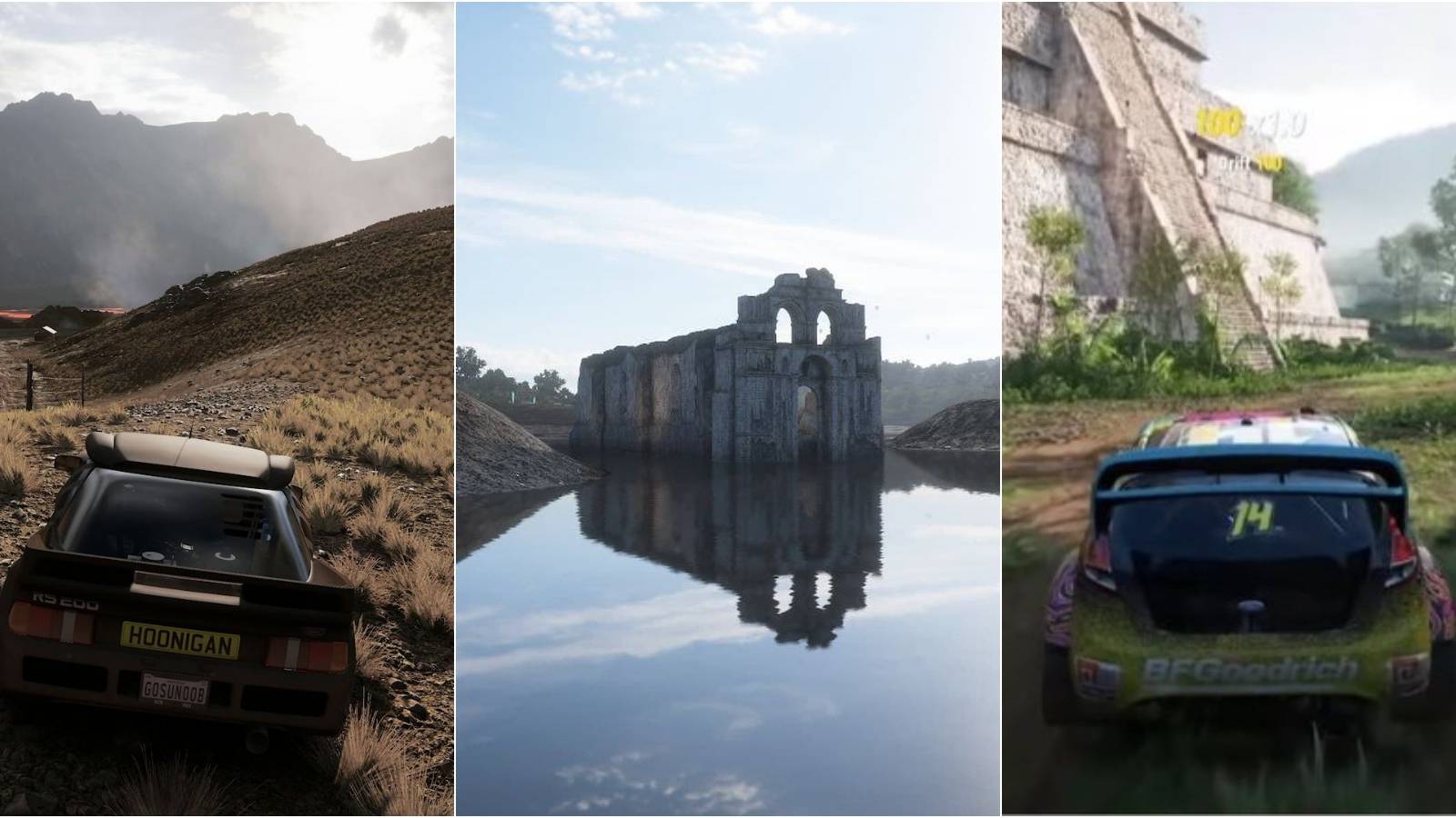 Forza Horizon 5 split image of a volcano site, Mayan and Catholic temples