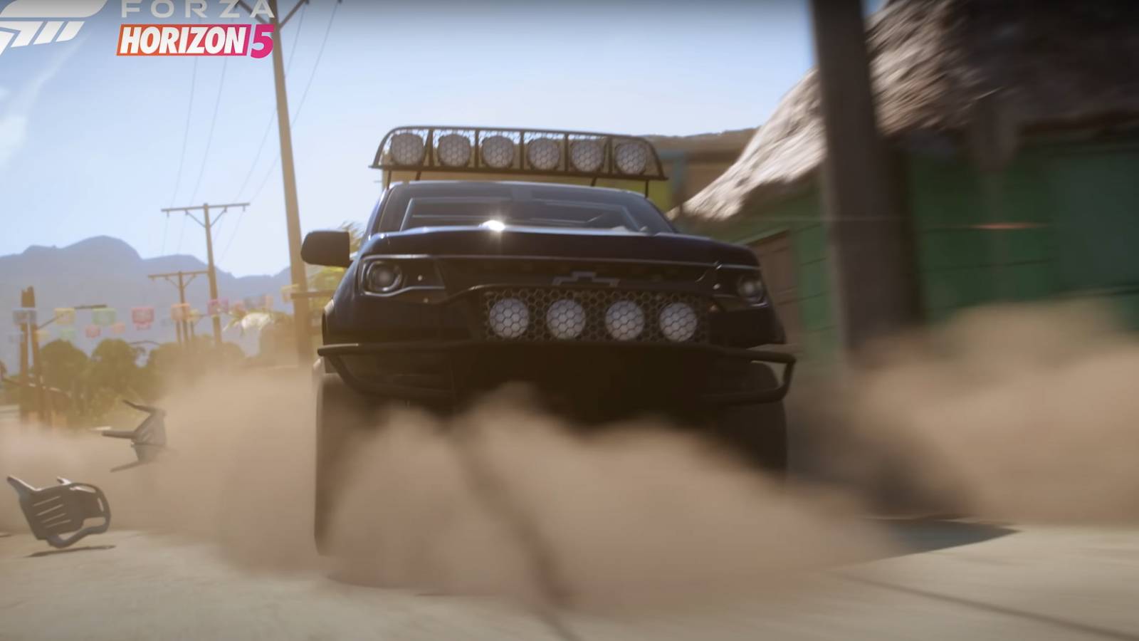 Forza Horizon 5 trailer shot of car with dust and destruction