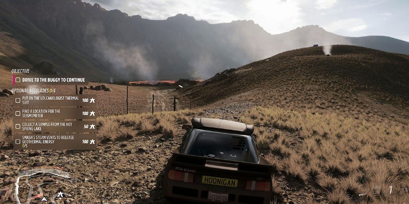 Forza Horizon 5 driving up to smoking La Gran Caldera Volcano