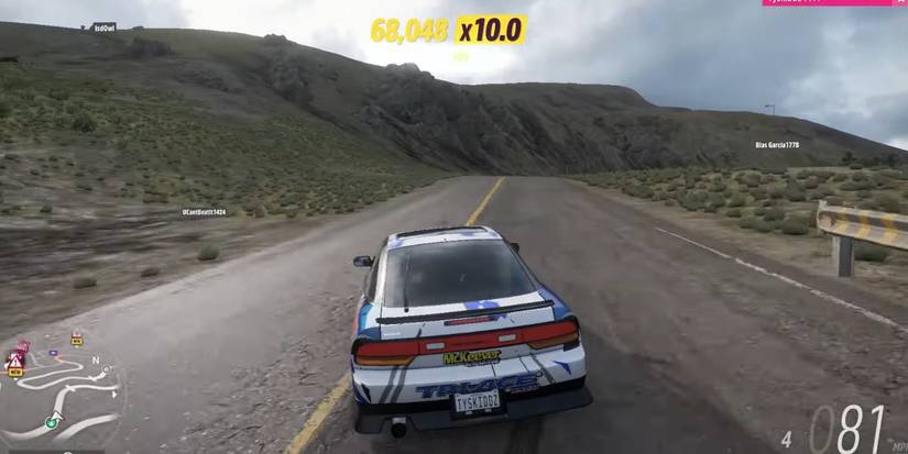 Forza Horizon 5 Nissan #777 240SX driving down middle of mountainous road
