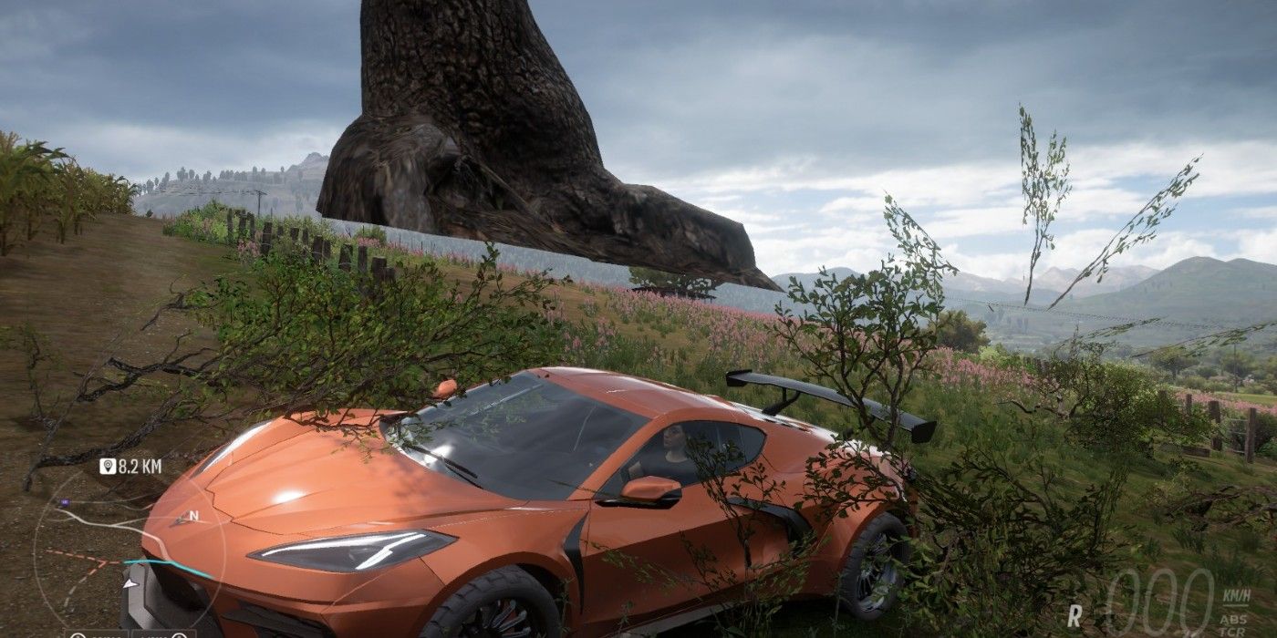 Forza Horizon 5 driving by floating tree on slanted plains