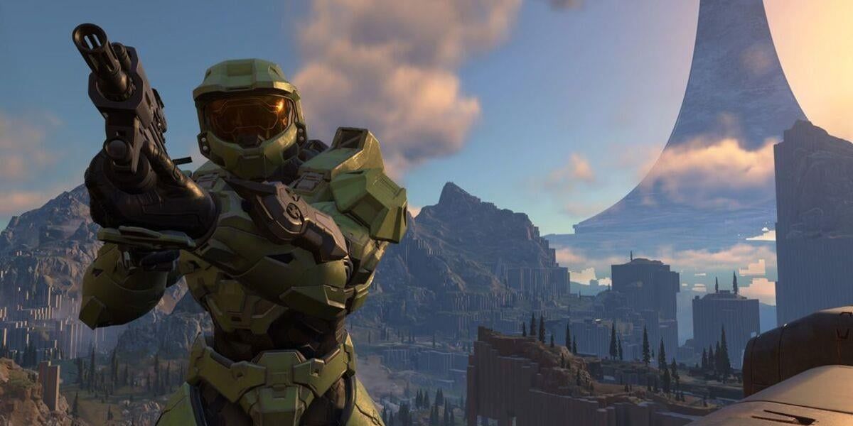 Halo Infinite Master Chief with ring background
