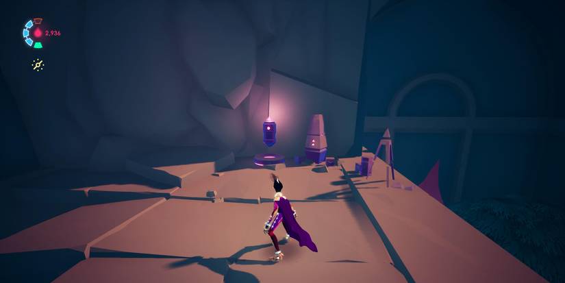 a purple caped, armored figure looking a small, floating cylindrical prism with pinks lights on the front and top