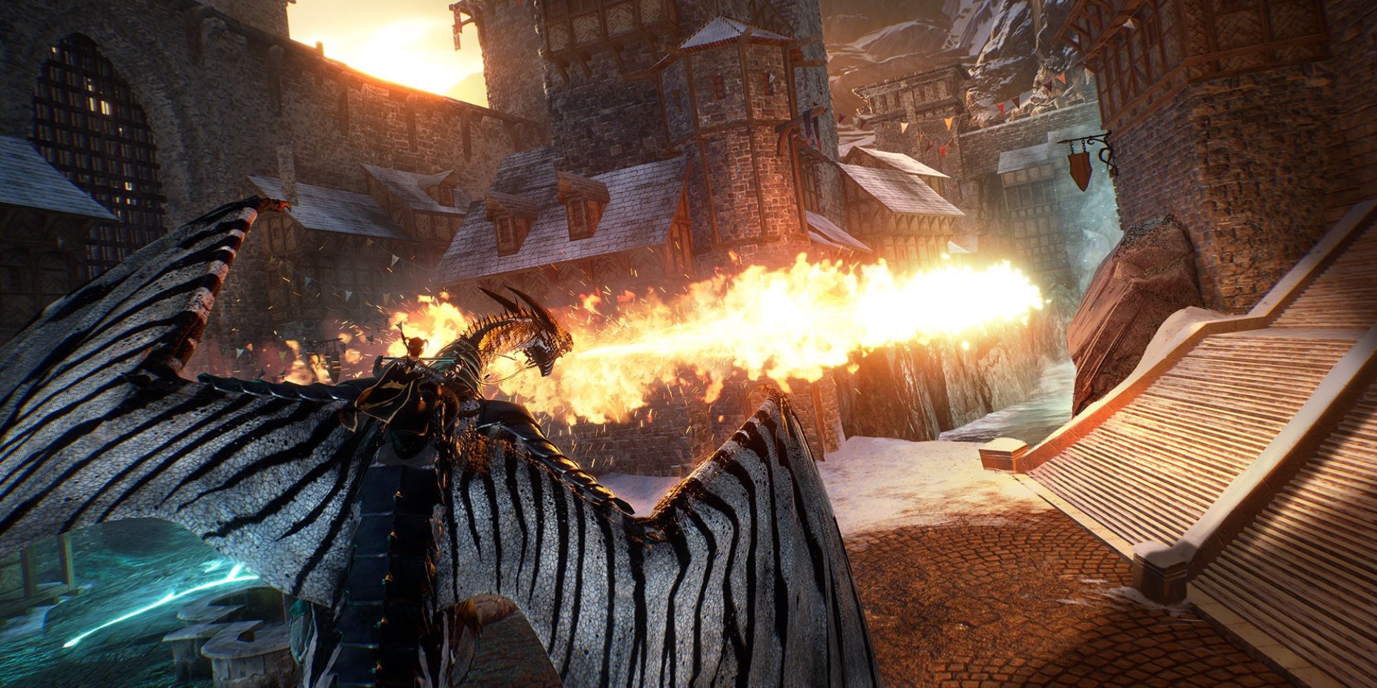 Free-to-play Games - Century - Age of Ashes - Player mounts dragon that breathes fire on building