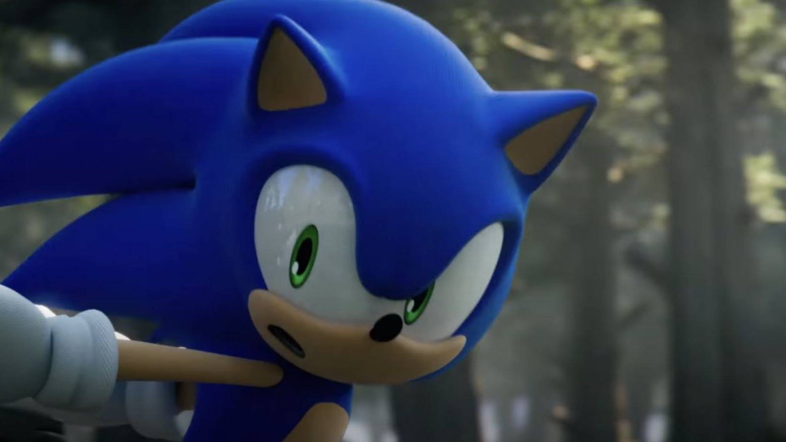Sonic running through a forest and looking over his shoulders in a Sonic Frontiers trailer