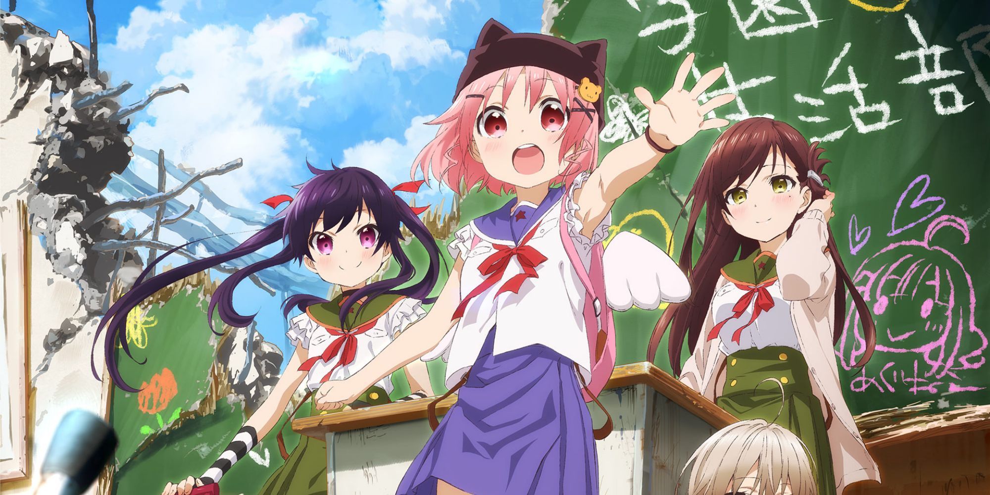 Three characters from Gakkou Gurashi standing in a destroyed classroom