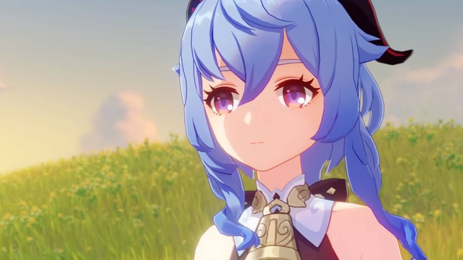 Ganyu standing on a hill and surrounded by green plants