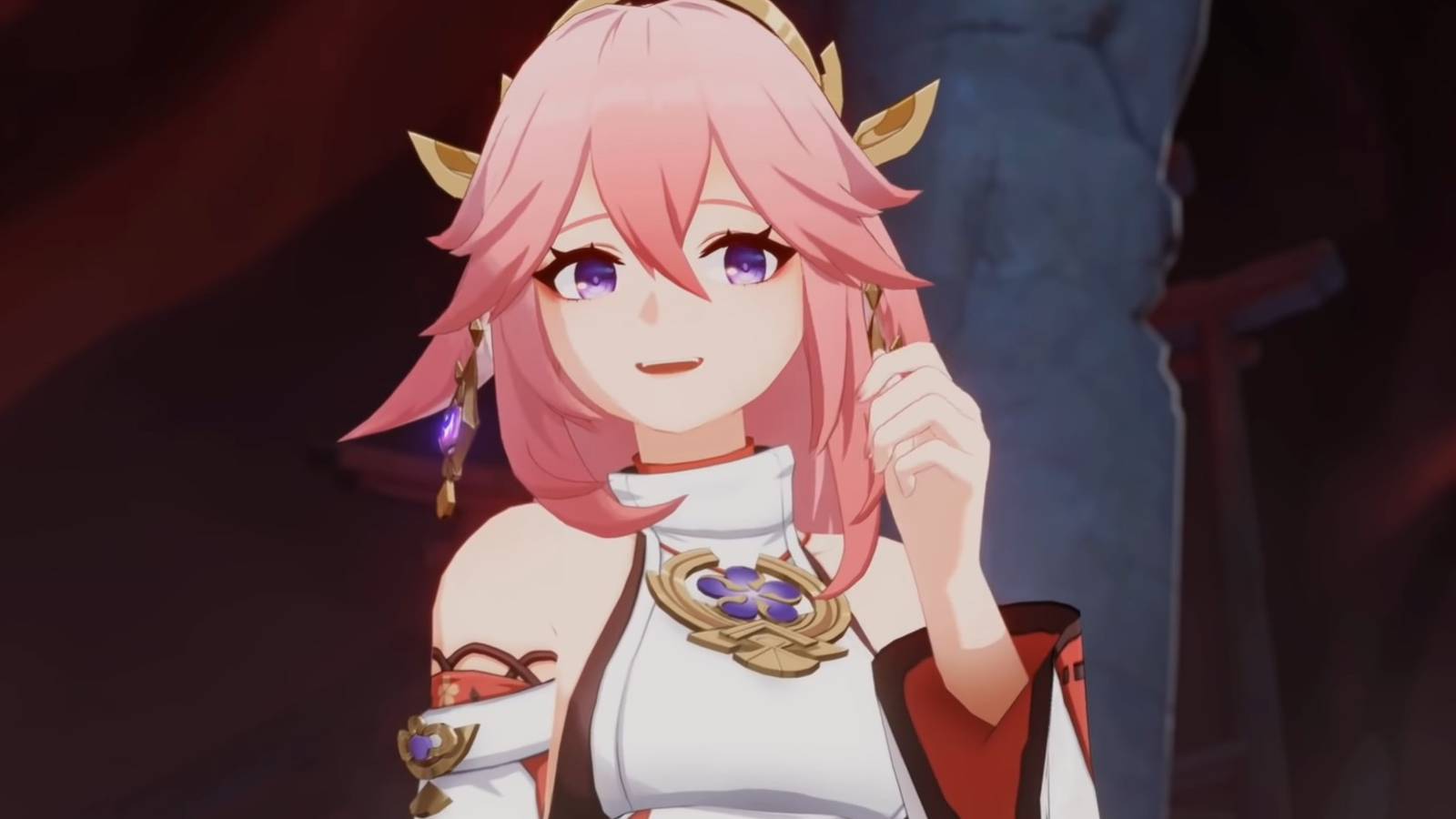 An in-game screenshot of Genshin Impact characters Yae Miko