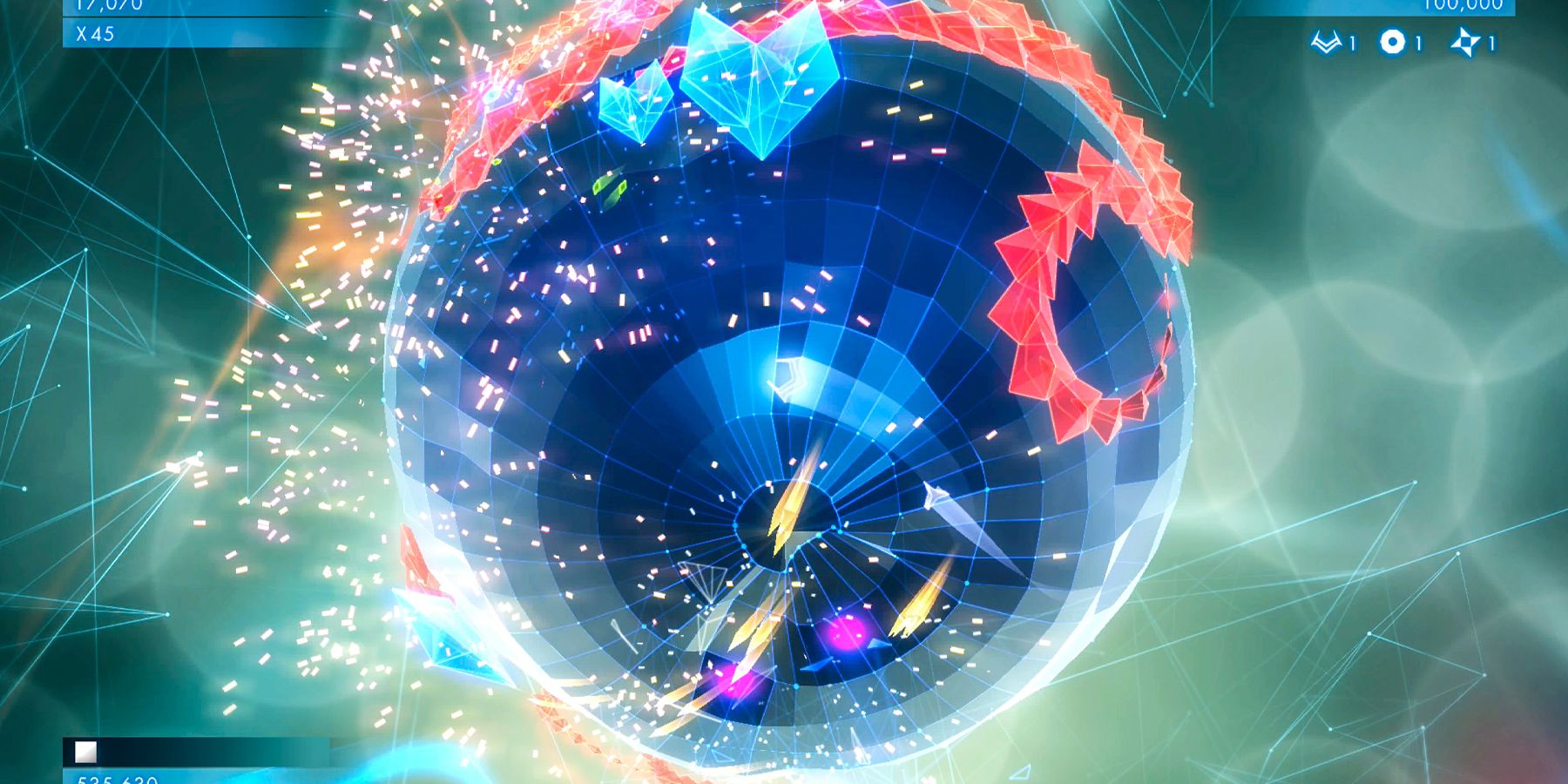 Geometry Wars 3 Dimensions Evolved ps4 blue sphere and glowing particles