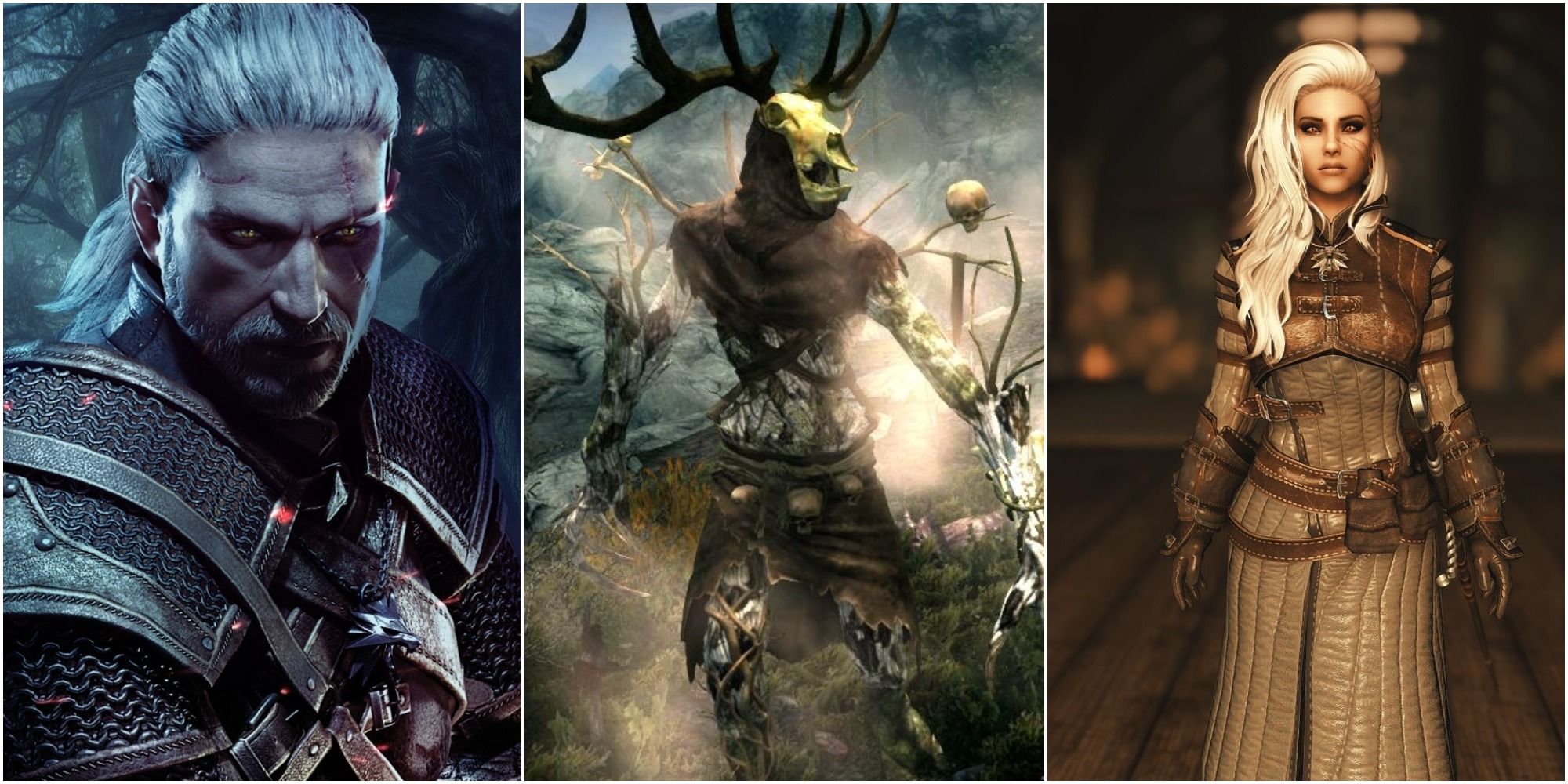 Geralt, Leshen and the player's character in Ursine Armor in Skyrim