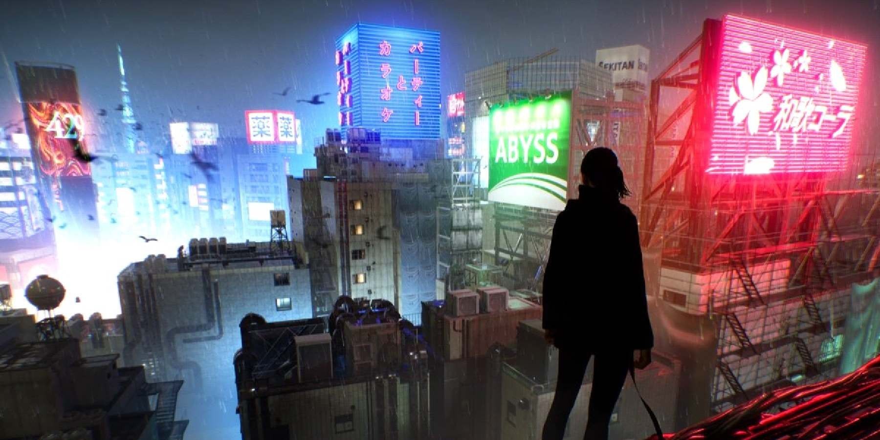 silhouette overlooking the city in Ghostwire: Tokyo