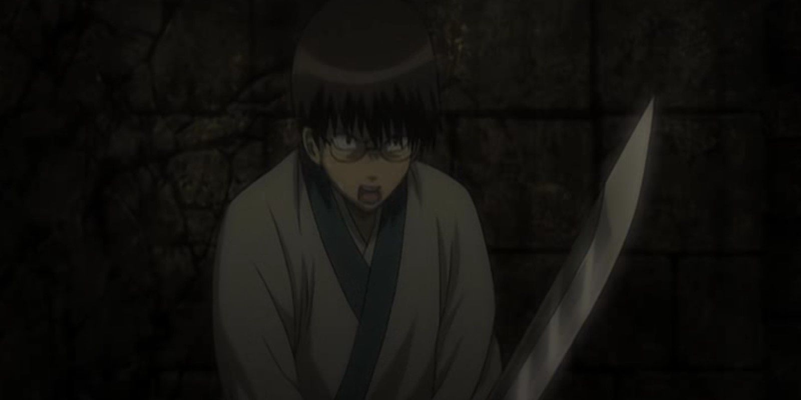 Gintama Shinpachi wielding a sword to defend Shinpachi