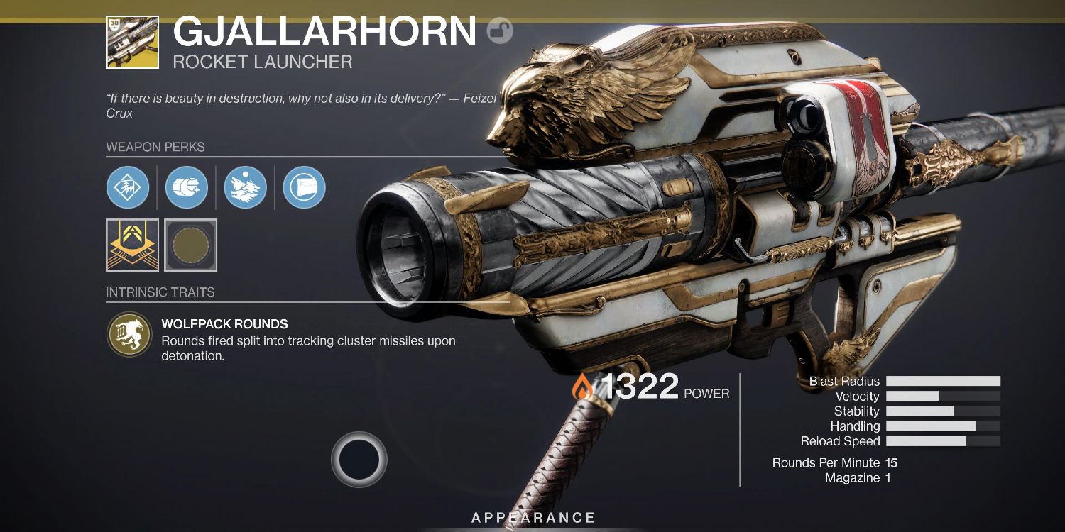 a weapon screen with information and text around a large, ornate rocket launcher with gold and white accents and a golden beat motif with wings coming off it at the top 